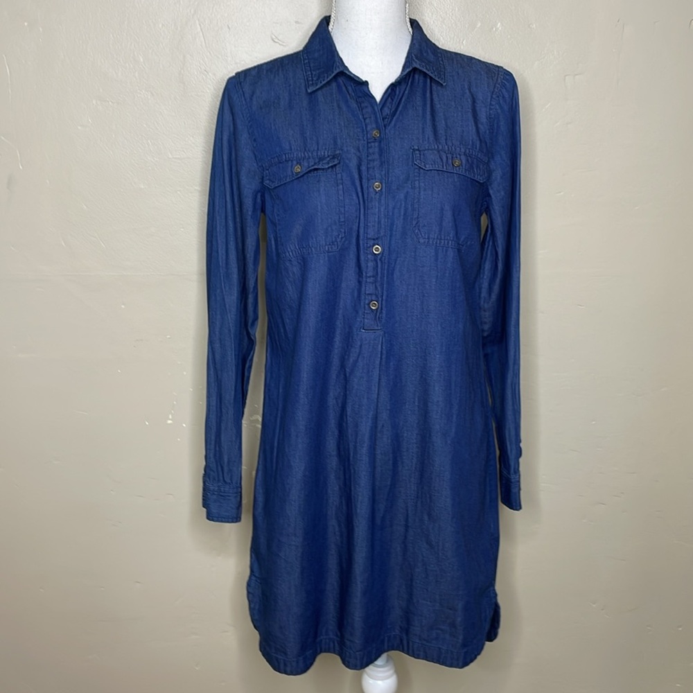 OLD NAVY Chambray Blue Shift Shirt Dress Blue Classic Partial Button Popover Sm